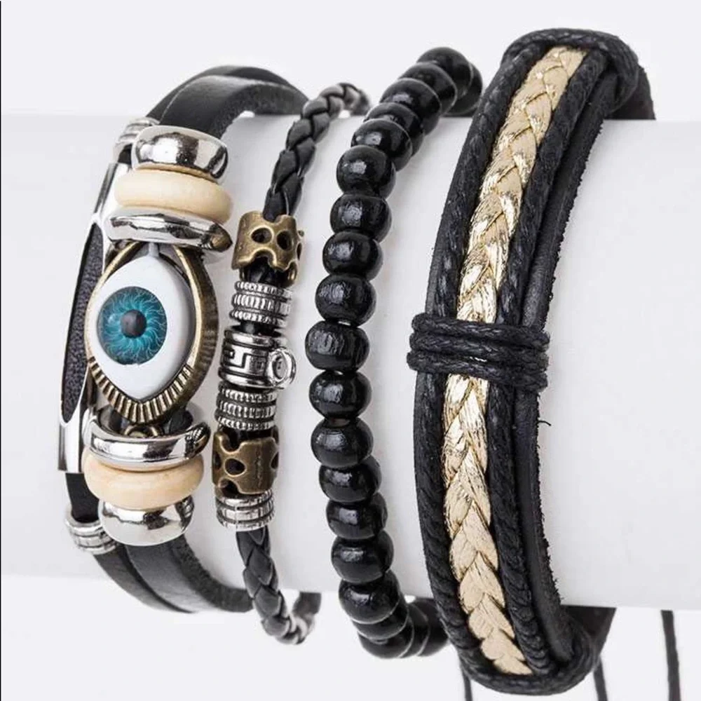 Black Genuine Leather Evil Eye Beads Stacking Bracelet